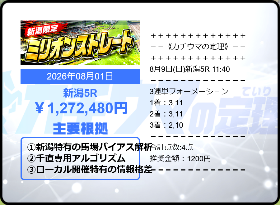 競馬予想サイト「カチウマの定理」8/1的中実績