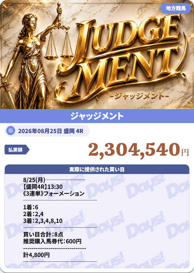 競馬予想サイト「DAYS(デイズ)」2026/8/25的中実績